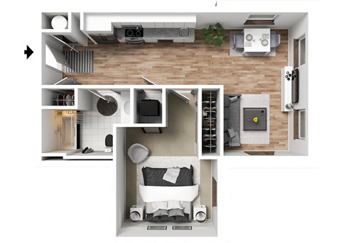 Floor plan for 1 bed, 1 bath, 595 sqft
